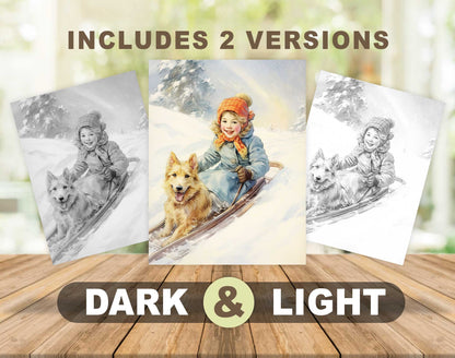25 Winter Girls Grayscale Coloring Pages - Instant Download - Printable PDF Dark/Light – preview 4