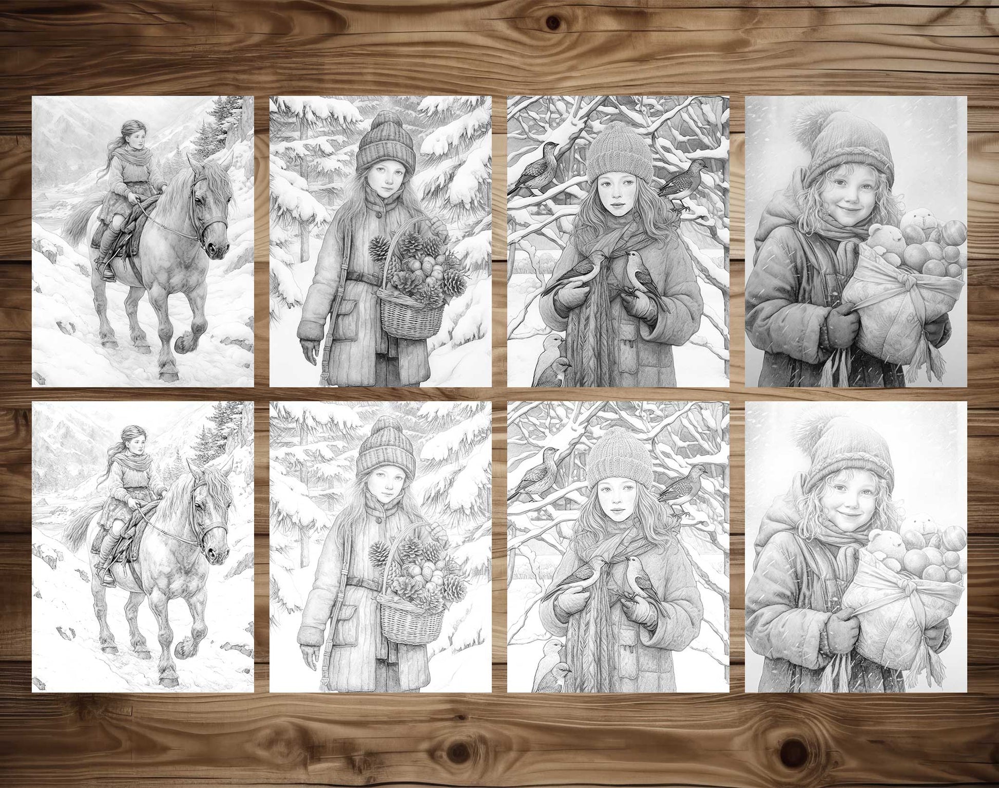 25 Winter Girls Grayscale Coloring Pages - Instant Download - Printable PDF Dark/Light – preview 7