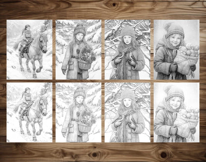 25 Winter Girls Grayscale Coloring Pages - Instant Download - Printable PDF Dark/Light – preview 7