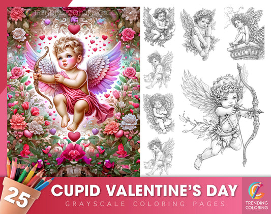 25 Cupid Valentine's Day Grayscale Coloring Pages - Instant Download - Printable Dark/Light