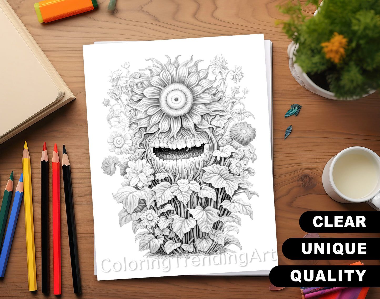 25 Plant Monster Grayscale Coloring Pages - Halloween Coloring - Instant Download - Printable PDF Dark/Light