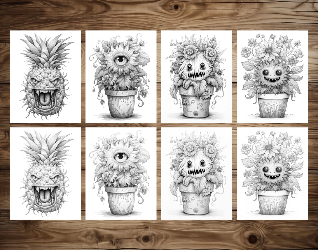 25 Plant Monster Grayscale Coloring Pages - Halloween Coloring - Insta