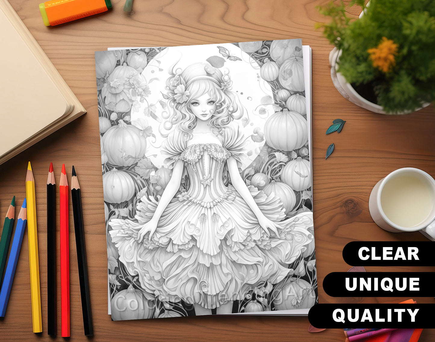 25 Pumpkin Fairy Grayscale Coloring Pages - Halloween Coloring - Instant Download - Printable PDF Dark/Light