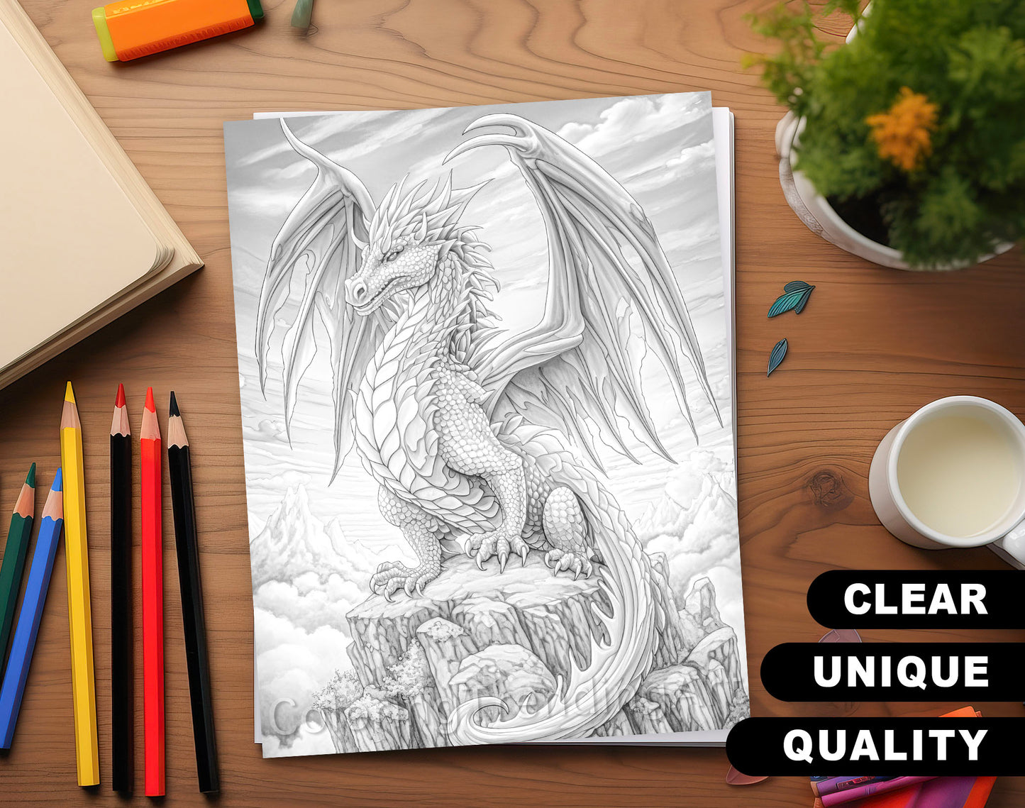 50 Autumn Dragons Grayscale Coloring Pages - Instant Download - Printable PDF Dark/Light