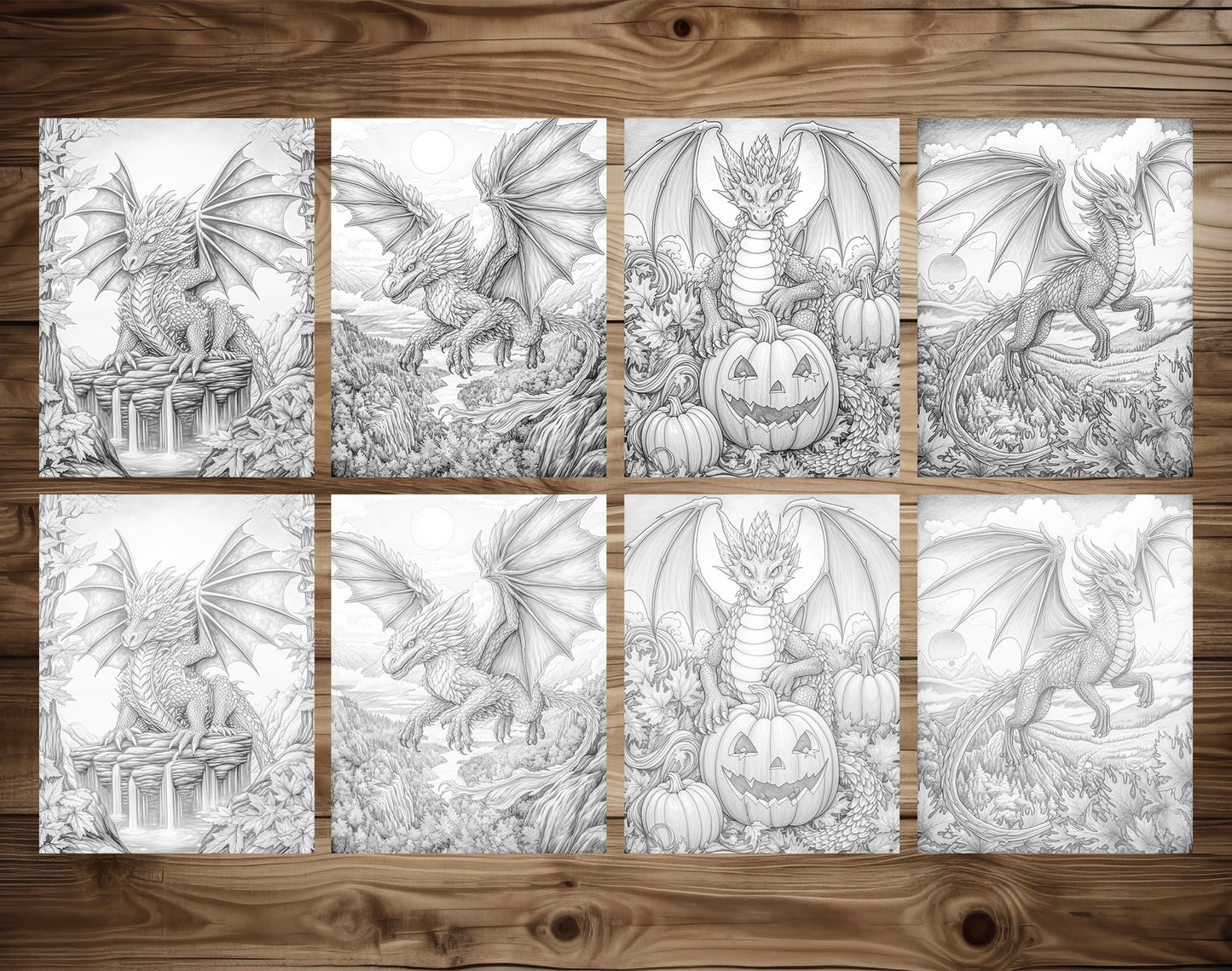 50 Autumn Dragons Grayscale Coloring Pages - Instant Download - Printable PDF Dark/Light