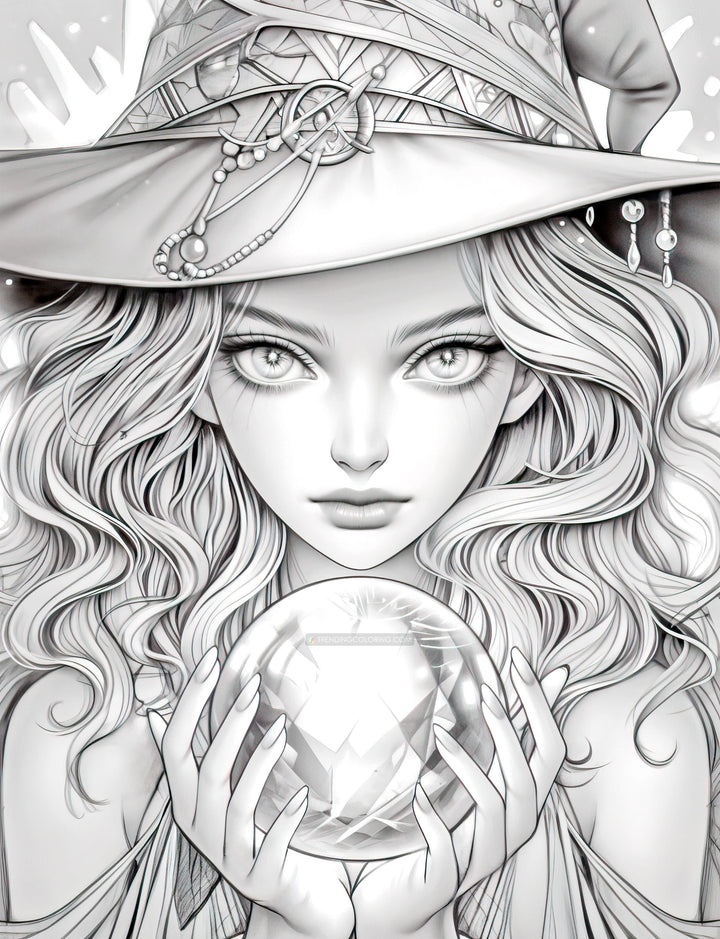 70 Beauty Witches Grayscale Coloring Pages for Adults Instant Downlo