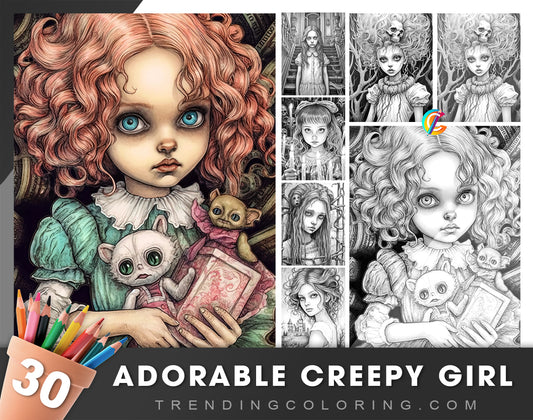 30 Adorable Creepy Girl Grayscale Coloring Pages - Instant Download - Printable PDF