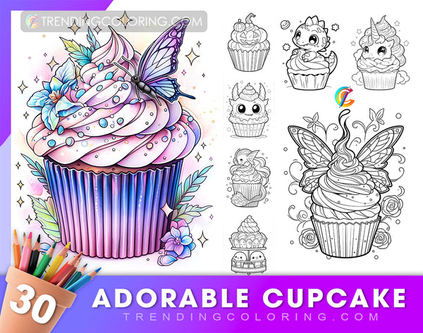 30 Adorable Cupcake Coloring Pages - Instant Download - Printable