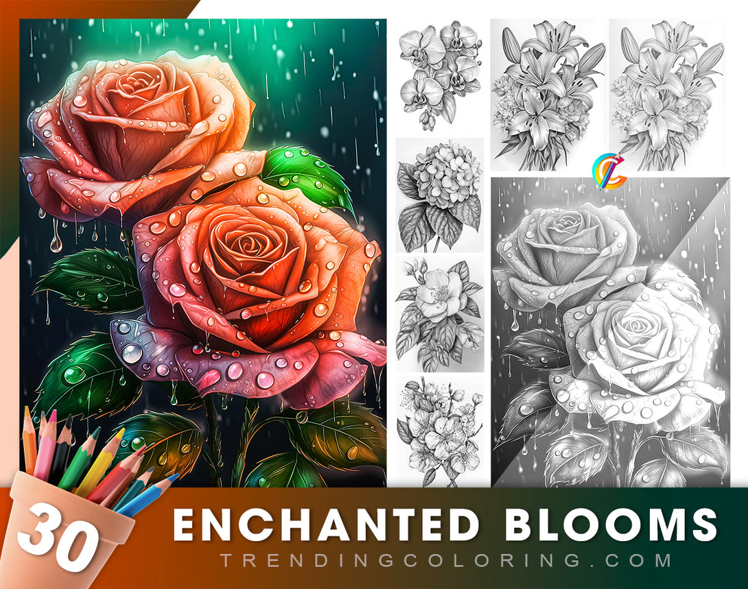 30 Enchanted Blooms Grayscale Coloring Pages - Instant Download - Printable Dark/Light