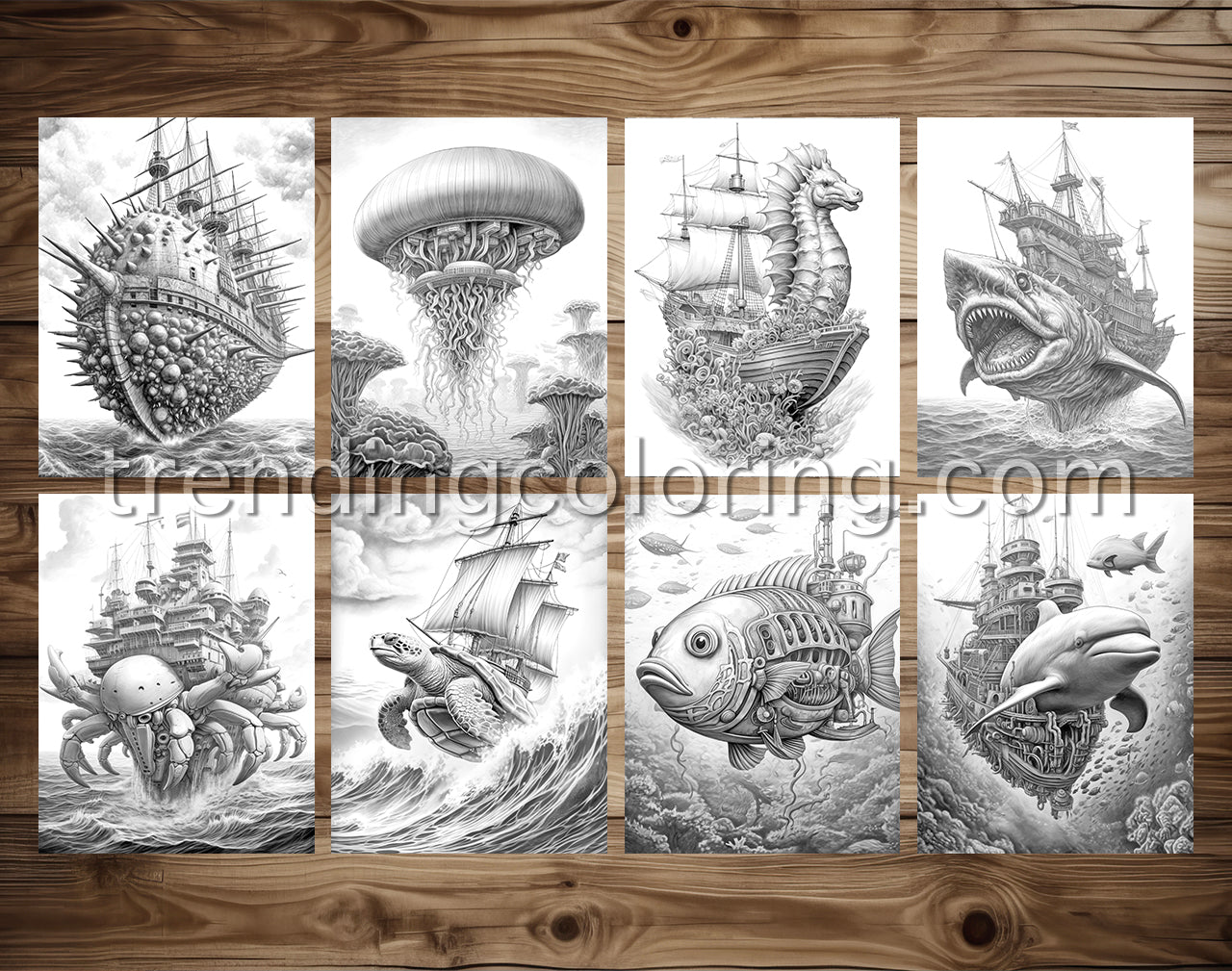 30 Fantasy Monster Ship Grayscale Coloring Pages - Instant Download - Printable PDF