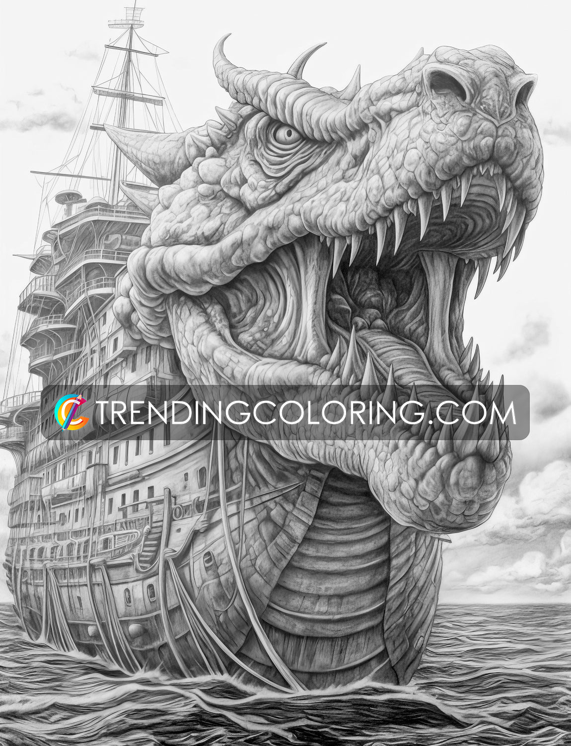 30 Fantasy Monster Ship Grayscale Coloring Pages - Instant Download - Printable PDF