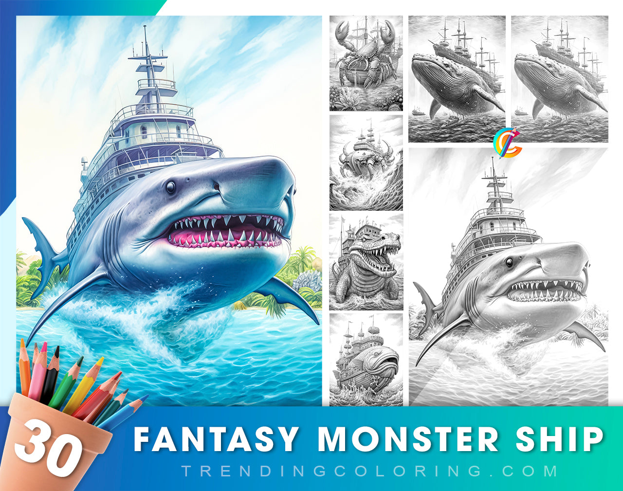 30 Fantasy Monster Ship Grayscale Coloring Pages - Instant Download - Printable PDF