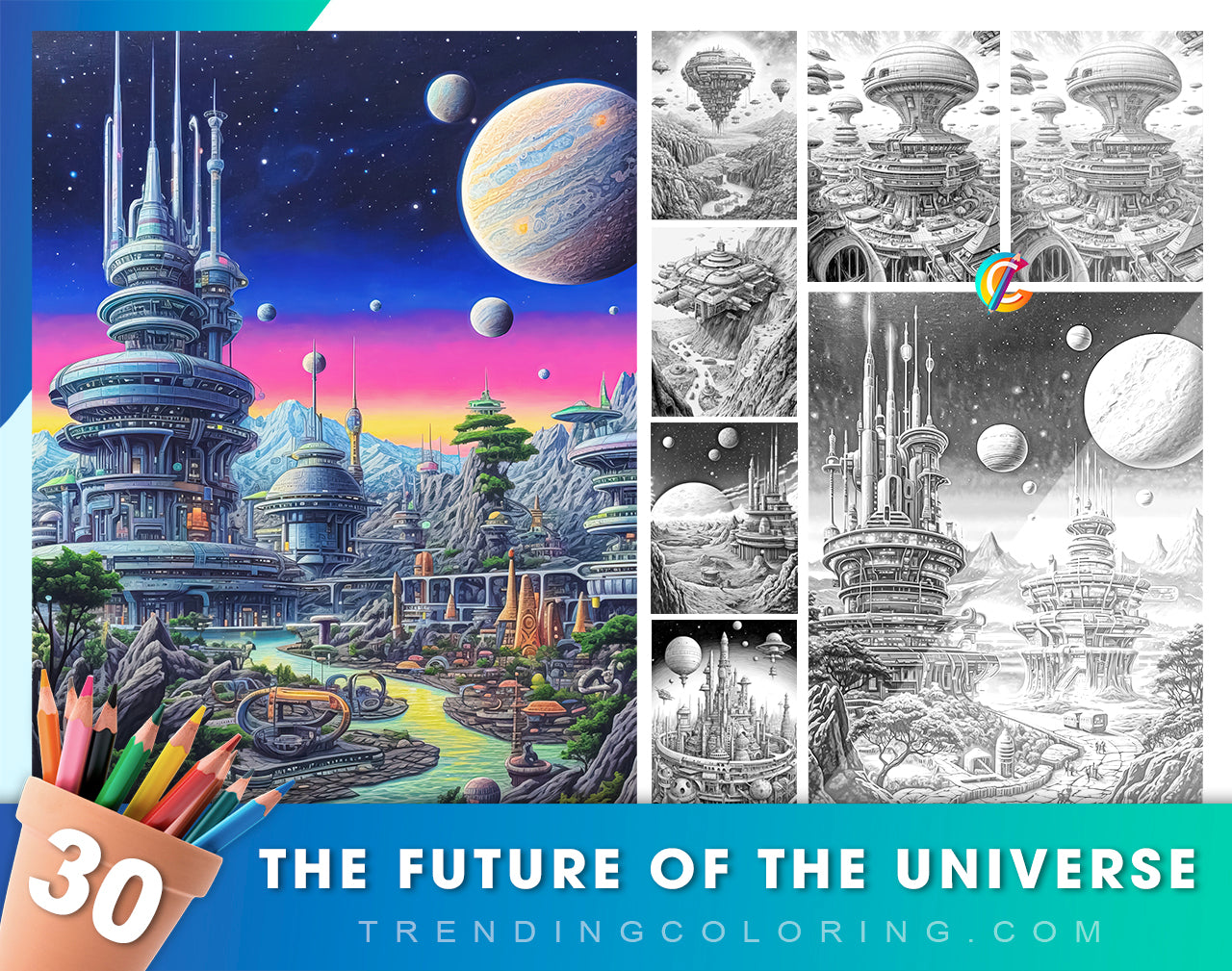 30 The Future of the Universe Grayscale Coloring Pages - Instant Download - Printable Dark/Light