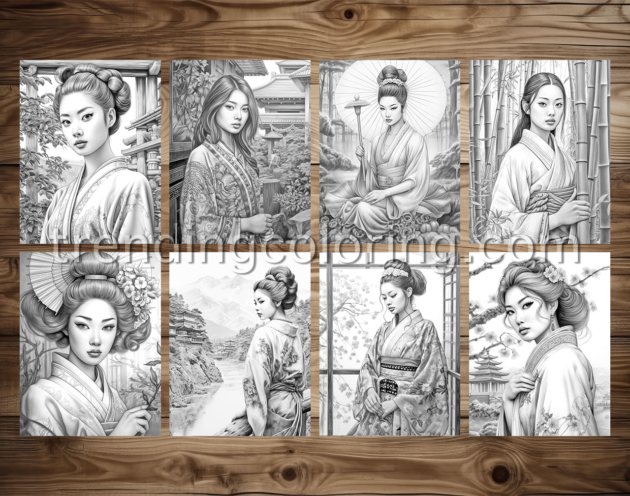 30 Traditional Japanese Girls Grayscale Coloring Pages - Instant Download - Printable PDF Dark/Light