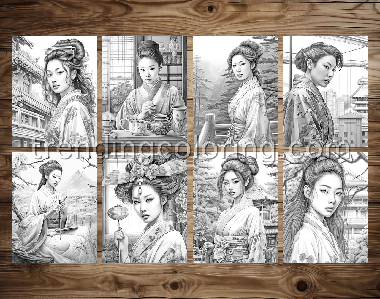 30 Traditional Japanese Girls Grayscale Coloring Pages - Instant Download - Printable PDF Dark/Light