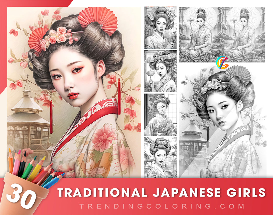 30 Traditional Japanese Girls Grayscale Coloring Pages- Instant Download - Printable Dark/Light PDF
