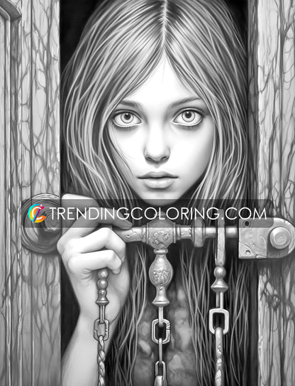 30 Adorable Creepy Girl Grayscale Coloring Pages - Instant Download - Printable PDF – preview 11