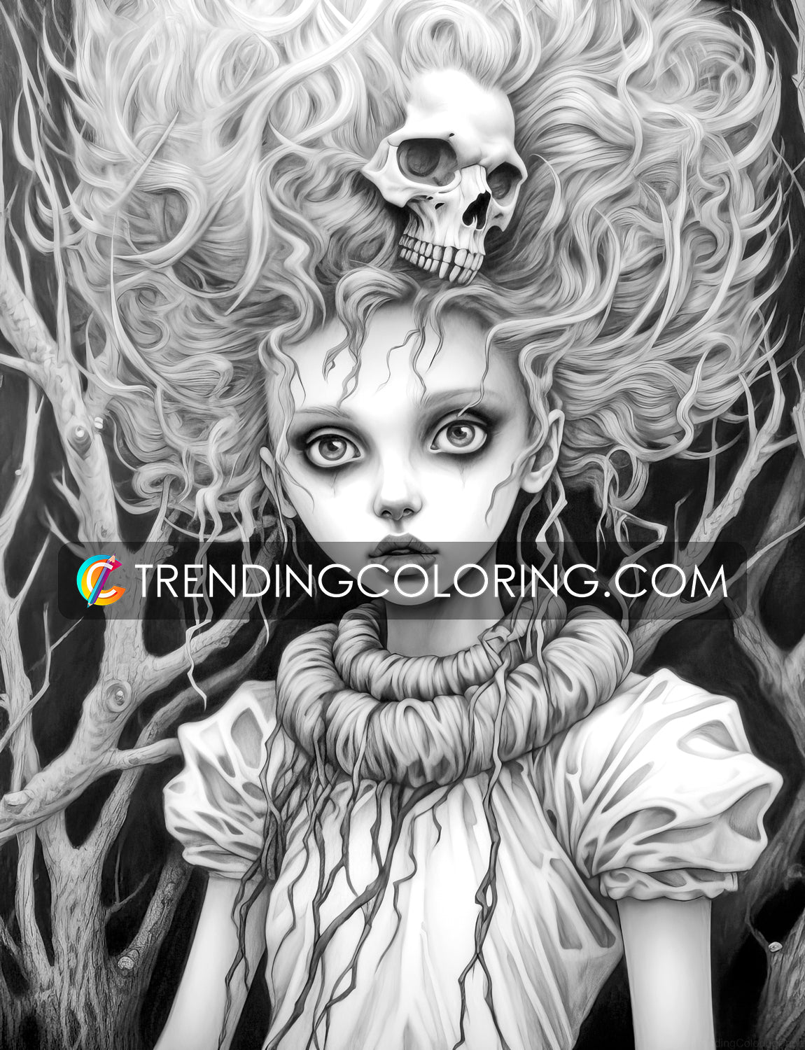 30 Adorable Creepy Girl Grayscale Coloring Pages - Instant Download - Printable PDF – preview 12