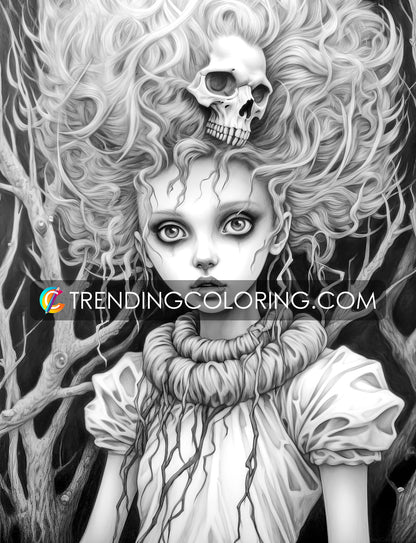 30 Adorable Creepy Girl Grayscale Coloring Pages - Instant Download - Printable PDF – preview 12