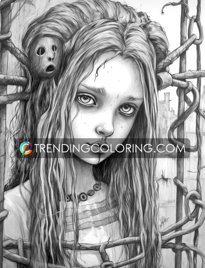 30 Adorable Creepy Girl Grayscale Coloring Pages - Instant Download - Printable PDF – preview 13