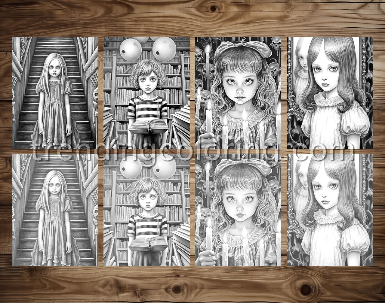 30 Adorable Creepy Girl Grayscale Coloring Pages - Instant Download - Printable PDF – preview 3