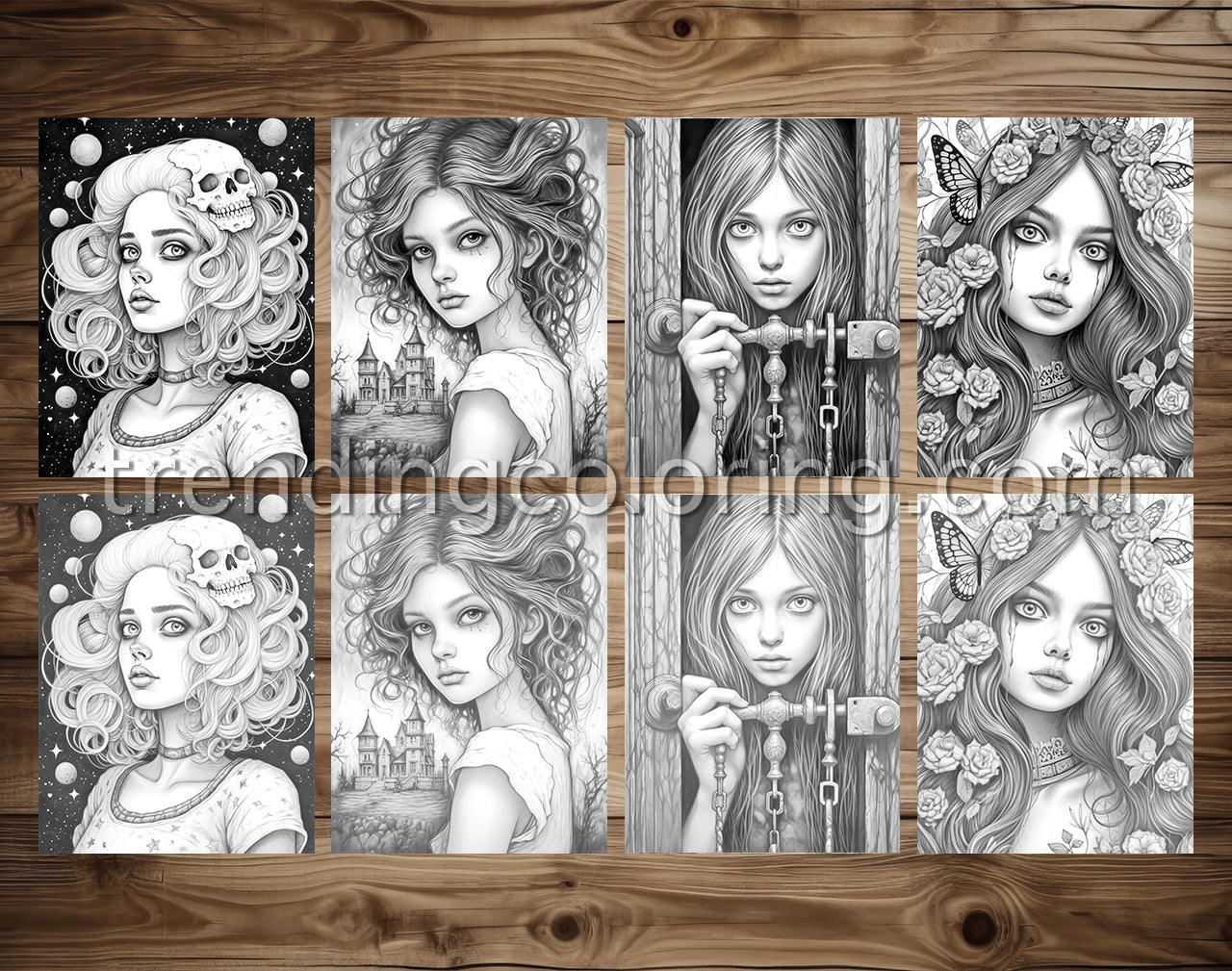30 Adorable Creepy Girl Grayscale Coloring Pages - Instant Download - Printable PDF – preview 4