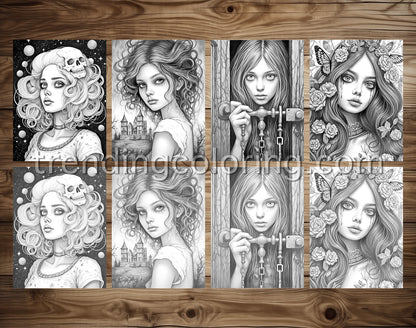 30 Adorable Creepy Girl Grayscale Coloring Pages - Instant Download - Printable PDF – preview 4