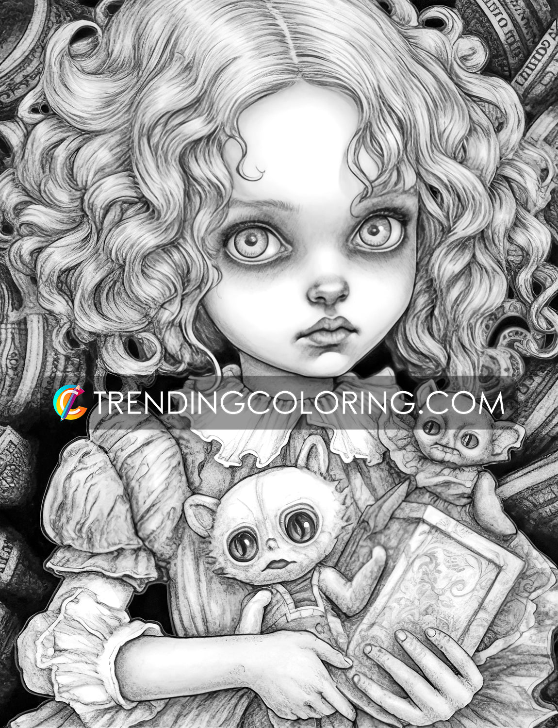 30 Adorable Creepy Girl Grayscale Coloring Pages - Instant Download - Printable PDF – preview 5