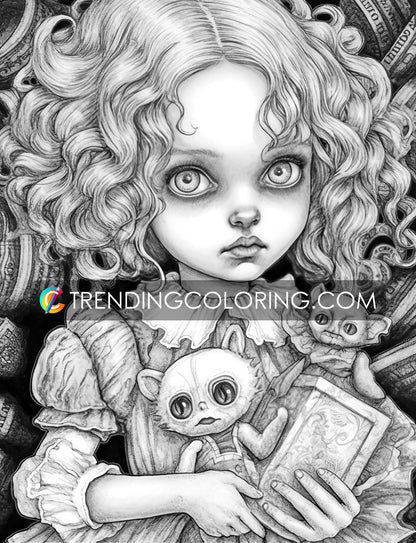 30 Adorable Creepy Girl Grayscale Coloring Pages - Instant Download - Printable PDF – preview 5