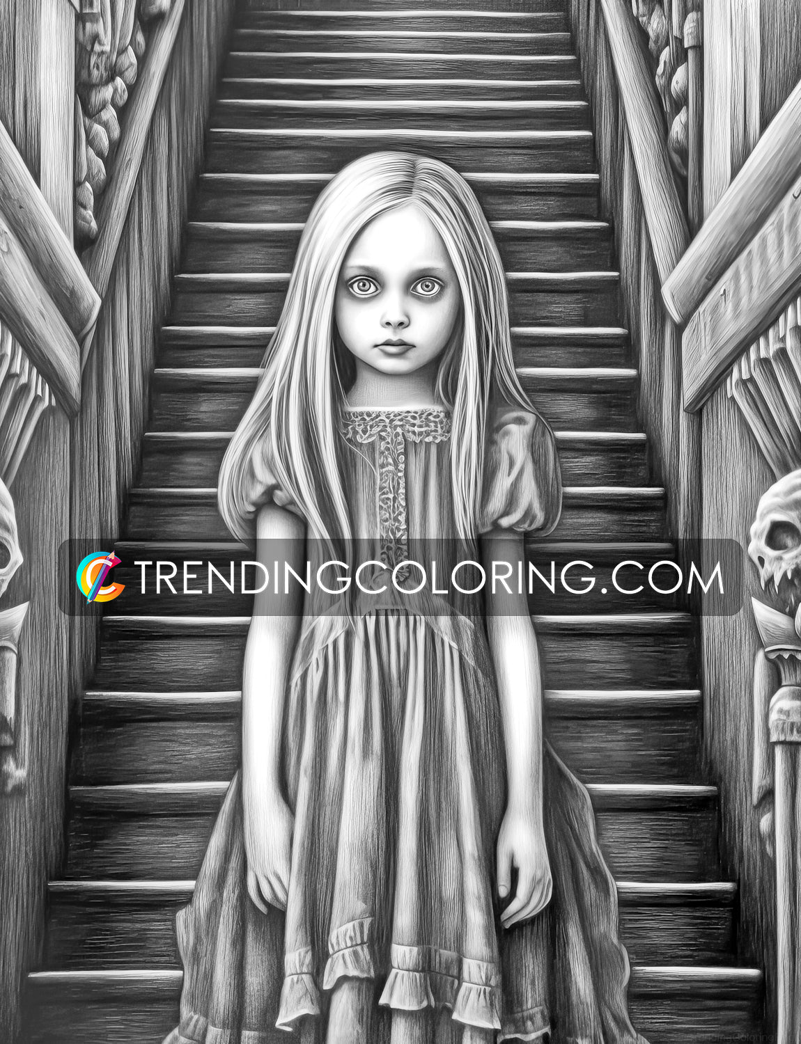 30 Adorable Creepy Girl Grayscale Coloring Pages - Instant Download - Printable PDF – preview 6
