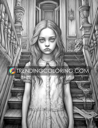 30 Adorable Creepy Girl Grayscale Coloring Pages - Instant Download - Printable PDF – preview 7