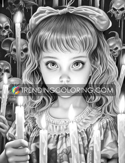 30 Adorable Creepy Girl Grayscale Coloring Pages - Instant Download - Printable PDF – preview 8
