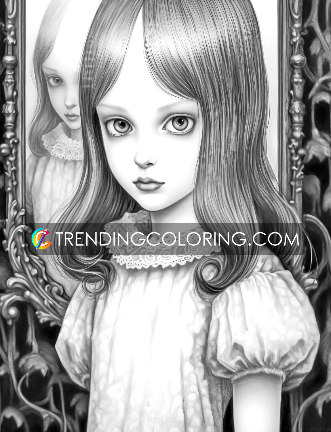 30 Adorable Creepy Girl Grayscale Coloring Pages - Instant Download - Printable PDF – preview 9