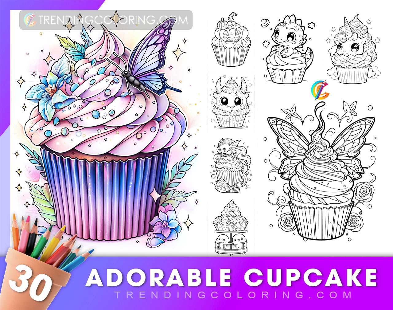 30 Adorable Cupcake Coloring Pages - Instant Download - Printable PDF