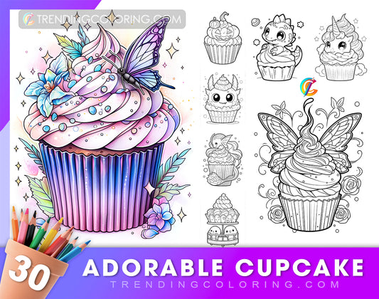 30 Adorable Cupcake Coloring Pages - Instant Download - Printable PDF