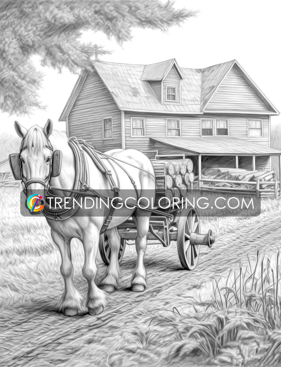 30 Country Farm Grayscale Coloring Pages - Instant Download - Printable PDF – preview 6