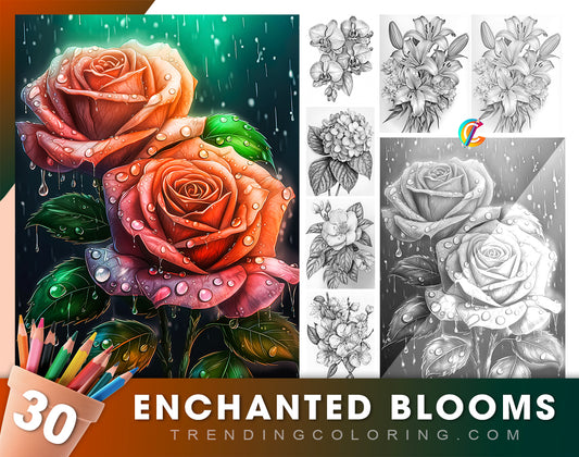 30 Enchanted Blooms Grayscale Coloring Pages - Instant Download - Printable PDF Dark/Light