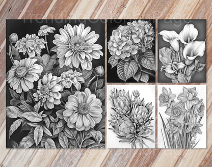 30 Enchanted Blooms Grayscale Coloring Pages - Instant Download - Printable PDF Dark/Light – preview 10