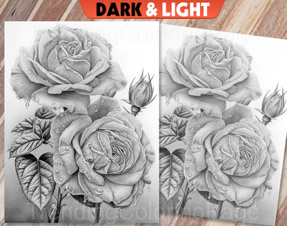 30 Enchanted Blooms Grayscale Coloring Pages - Instant Download - Printable PDF Dark/Light – preview 2