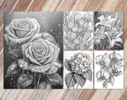 30 Enchanted Blooms Grayscale Coloring Pages - Instant Download - Printable PDF Dark/Light – preview 5