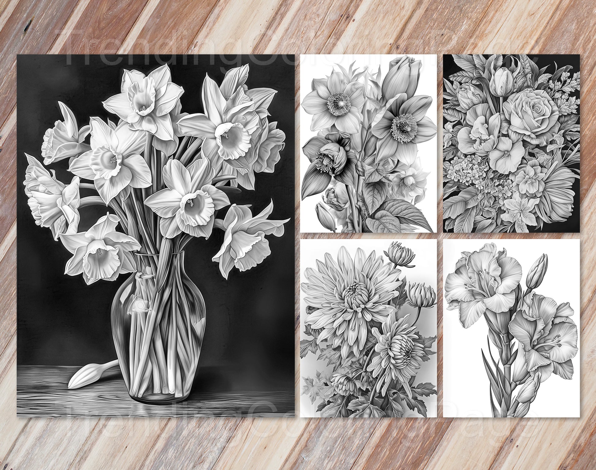 30 Enchanted Blooms Grayscale Coloring Pages - Instant Download - Printable PDF Dark/Light – preview 6