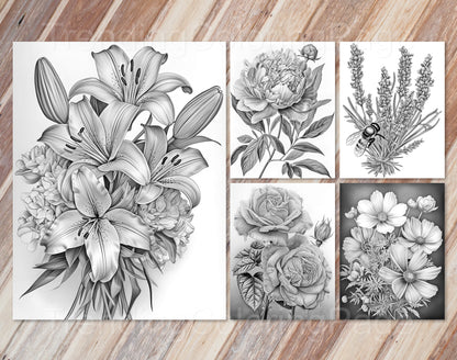 30 Enchanted Blooms Grayscale Coloring Pages - Instant Download - Printable PDF Dark/Light – preview 9