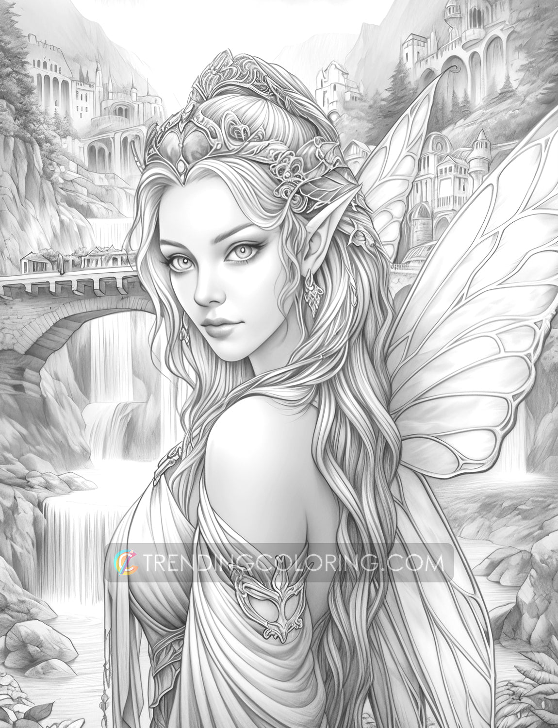 30 Fairy Queen Grayscale Coloring Pages - Instant Download - Printable PDF Dark/Light – preview 10