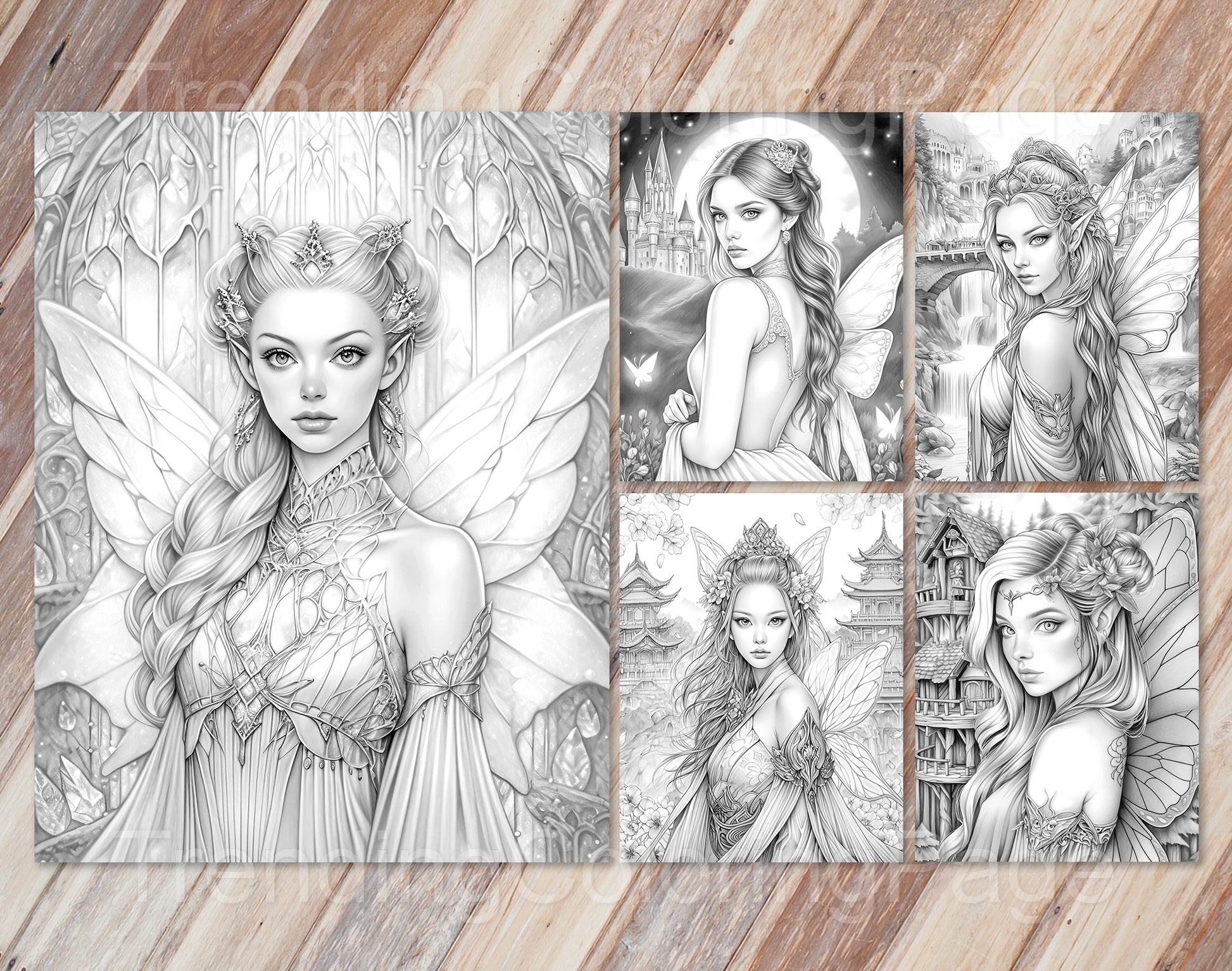 30 Fairy Queen Grayscale Coloring Pages - Instant Download - Printable PDF Dark/Light – preview 2