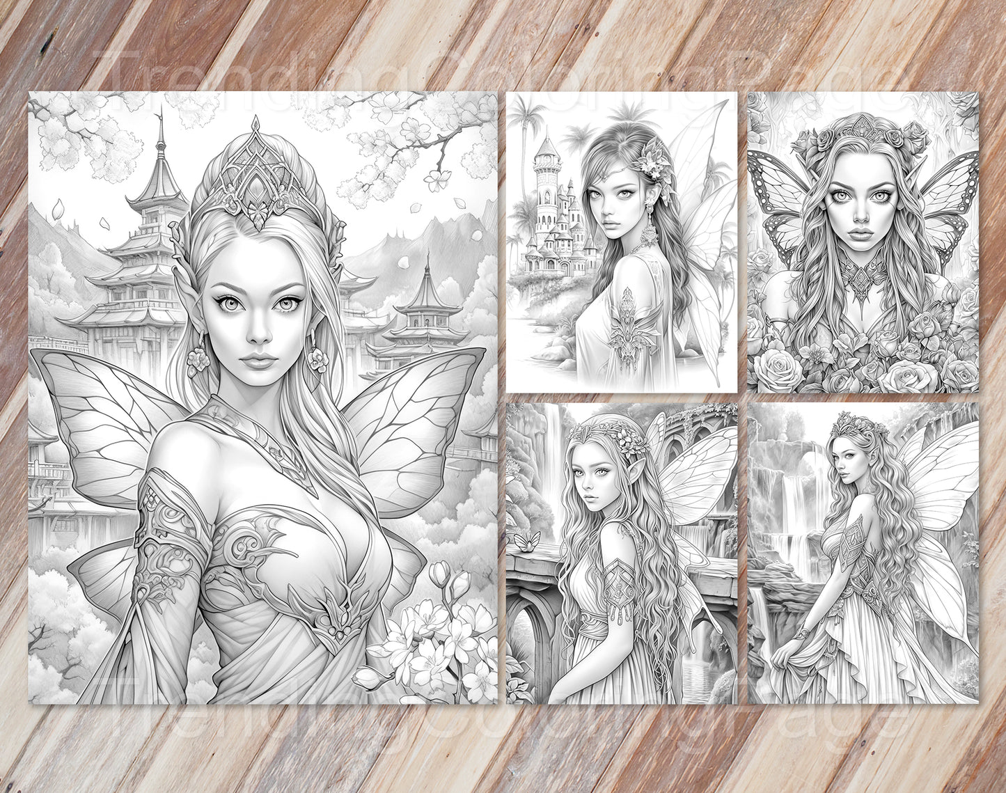 30 Fairy Queen Grayscale Coloring Pages - Instant Download - Printable PDF Dark/Light – preview 3