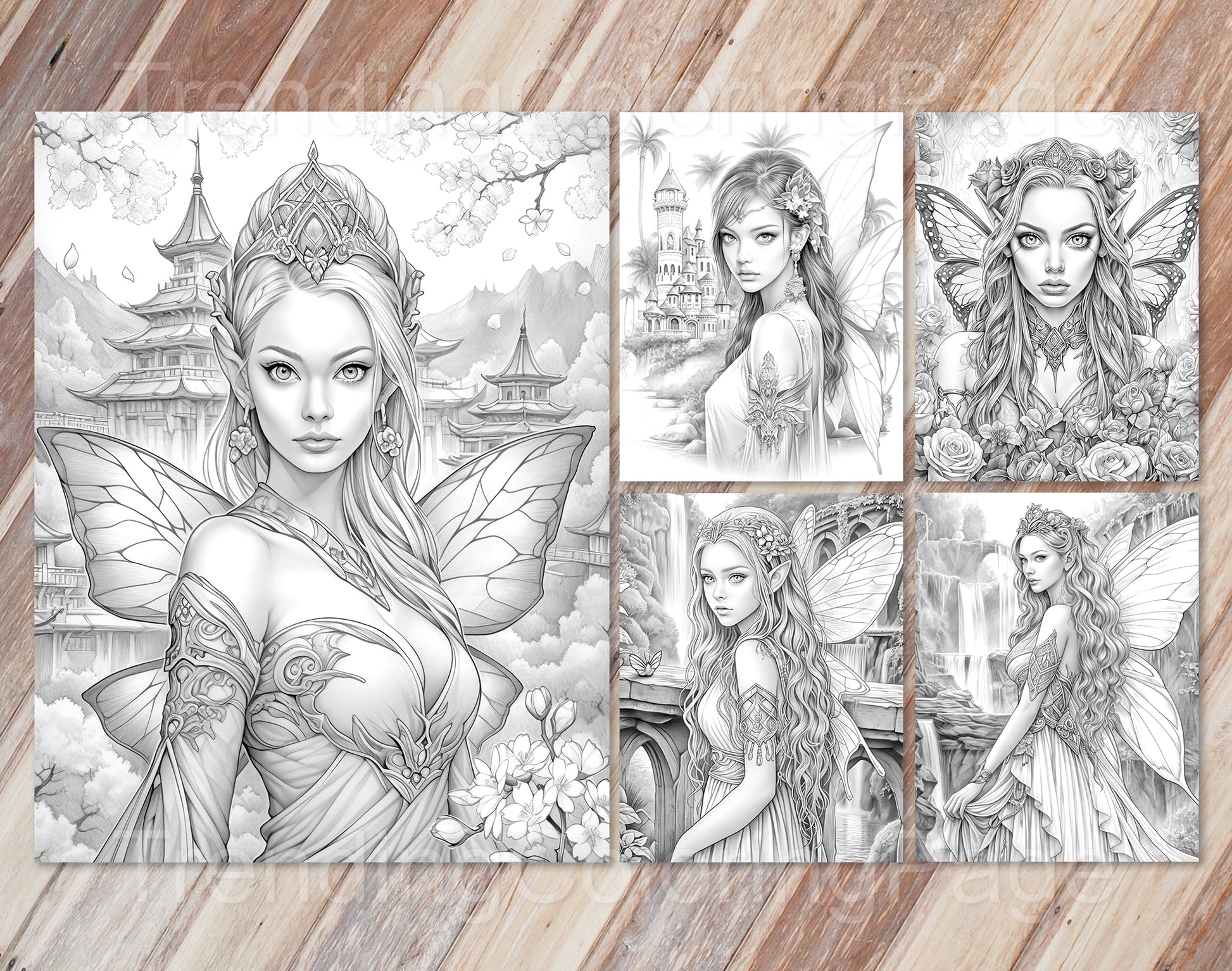 30 Fairy Queen Grayscale Coloring Pages - Instant Download - Printable PDF Dark/Light – preview 3