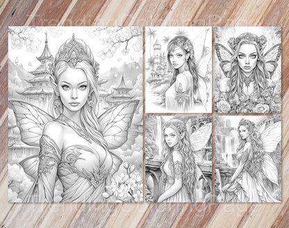 30 Fairy Queen Grayscale Coloring Pages - Instant Download - Printable PDF Dark/Light – preview 3