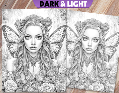 30 Fairy Queen Grayscale Coloring Pages - Instant Download - Printable PDF Dark/Light – preview 4