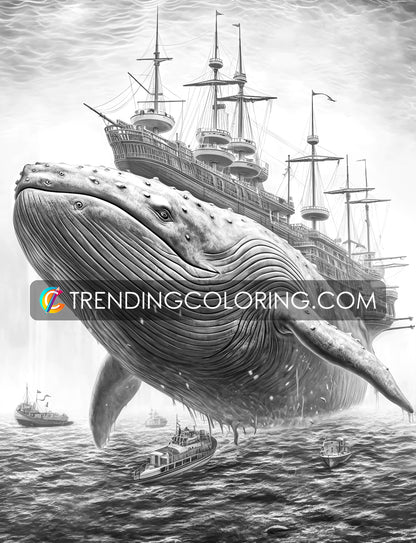 30 Fantasy Monster Ship Grayscale Coloring Pages - Instant Download - Printable PDF – preview 10