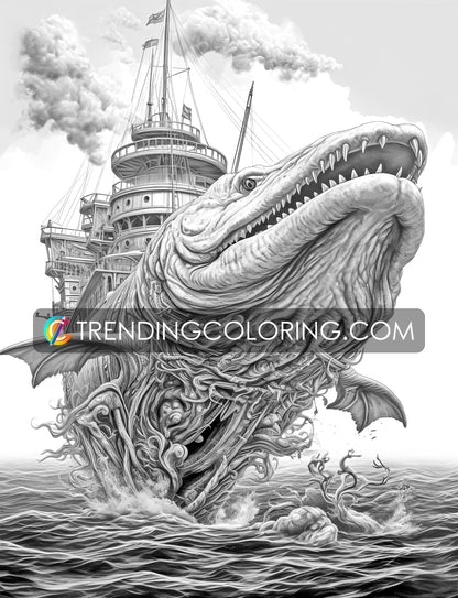 30 Fantasy Monster Ship Grayscale Coloring Pages - Instant Download - Printable PDF – preview 11